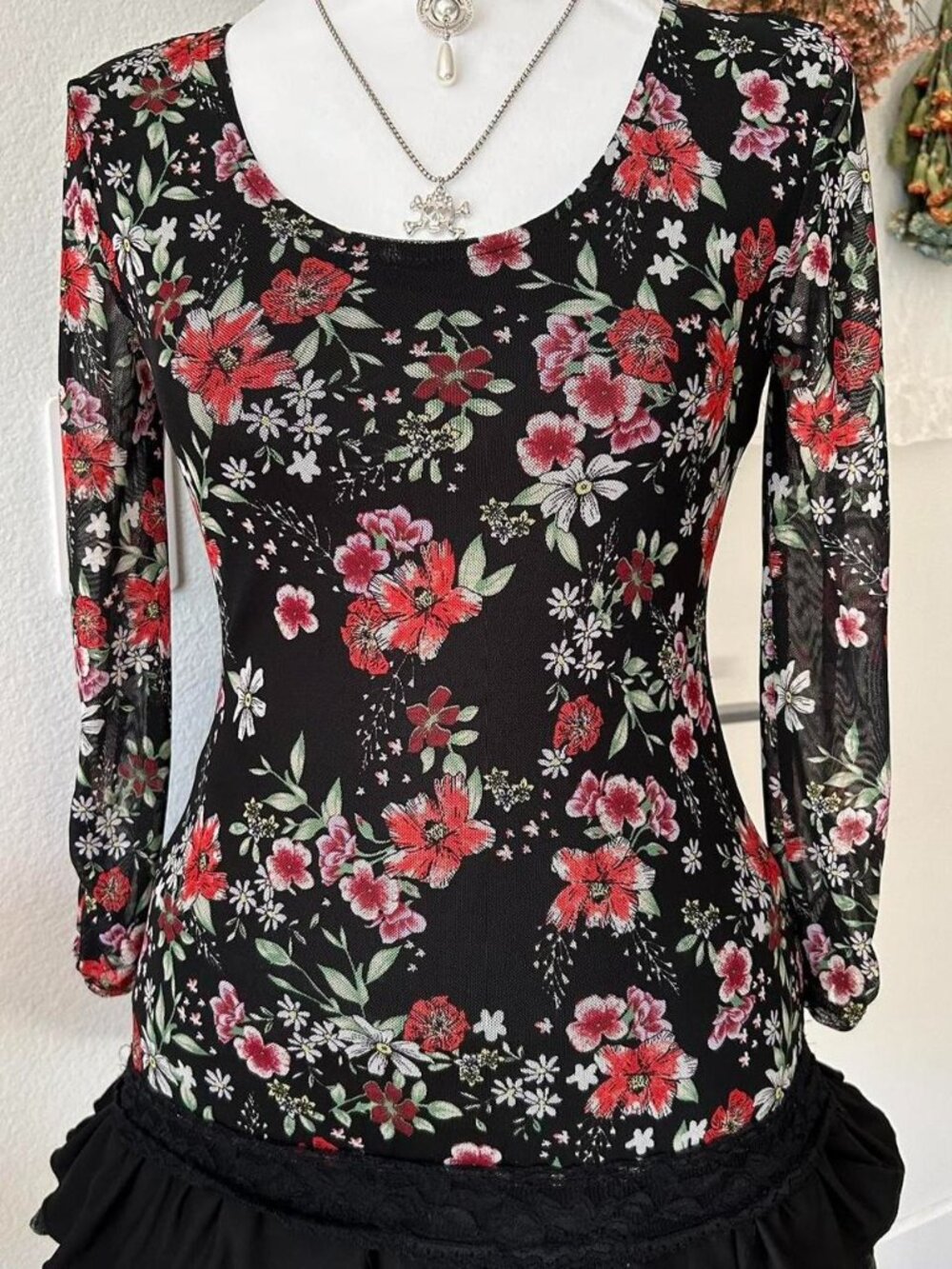 No Boundaries Black and Red Floral 3/4 Sleeve Micro Mesh Top